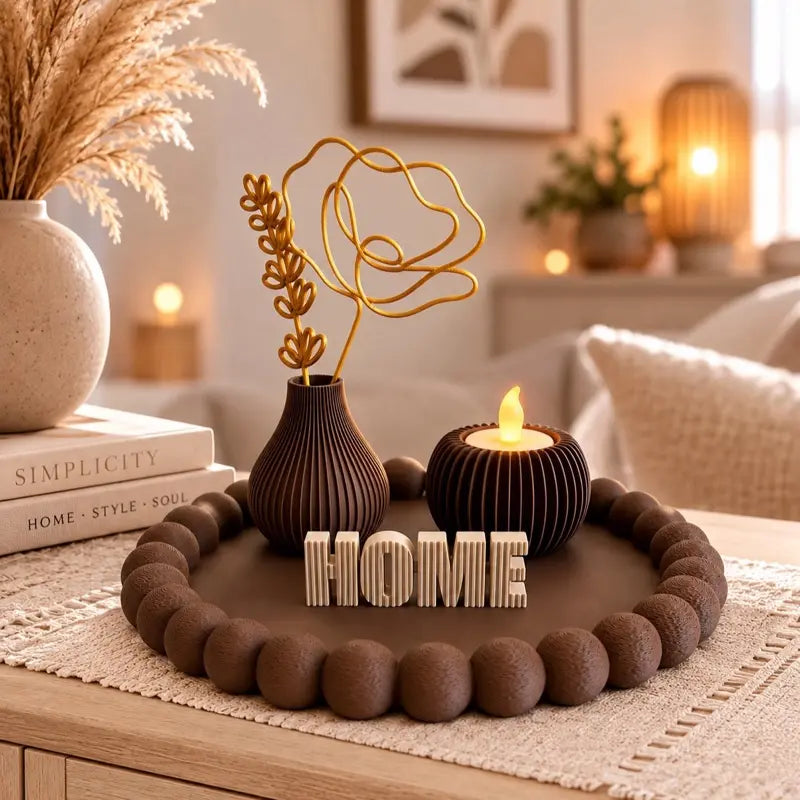 3D Printed Beaded Bubble Home Decor Tray Set - Vase, Candle Holder, Shelf, Tabletop Organizer Ornaments for Flowers - Kitchen Vanity Entryway Use, Housewarming Gift Items