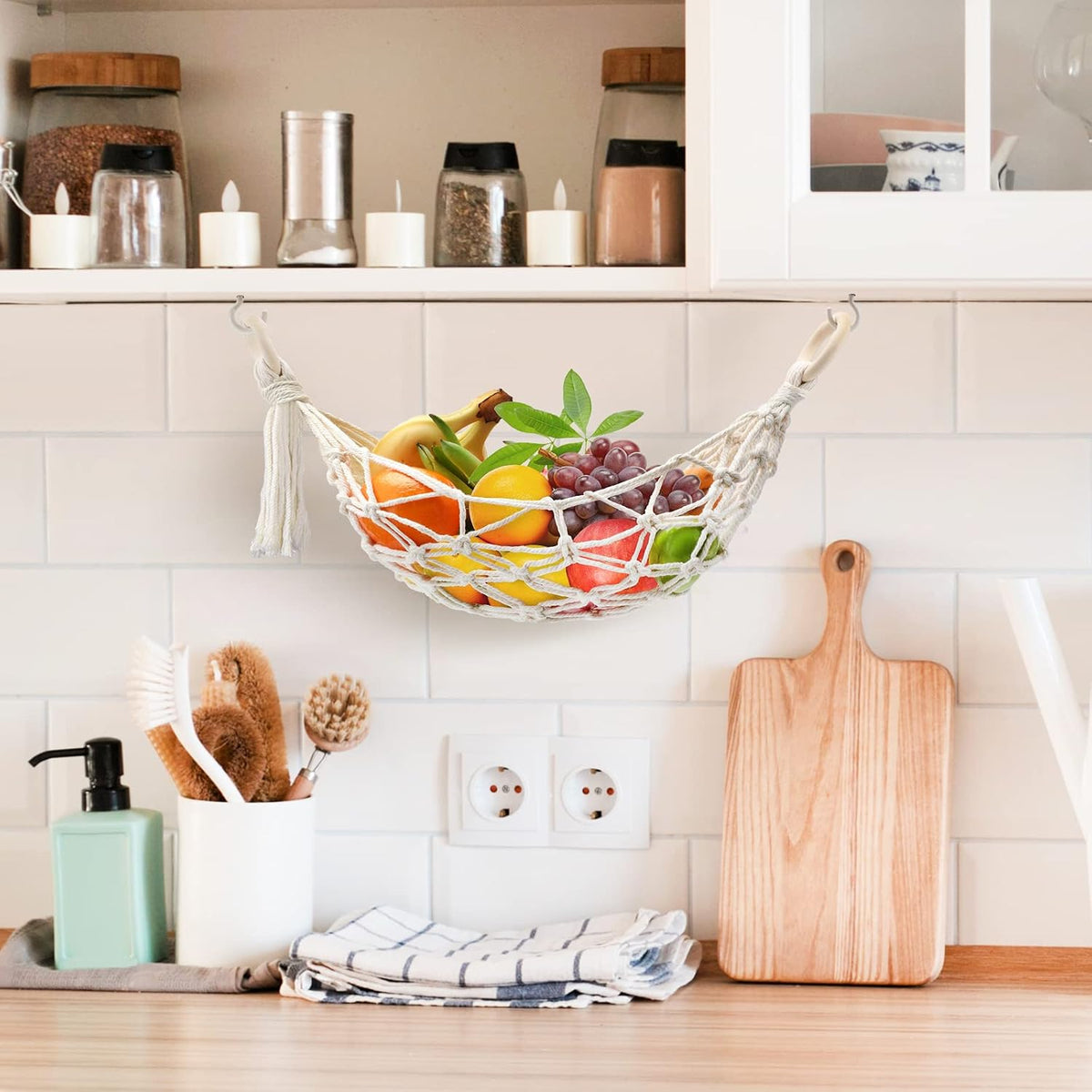 Hanging Fruit Hammock, Fruit Basket under the Kitchen Cabinet with 2 Hooks