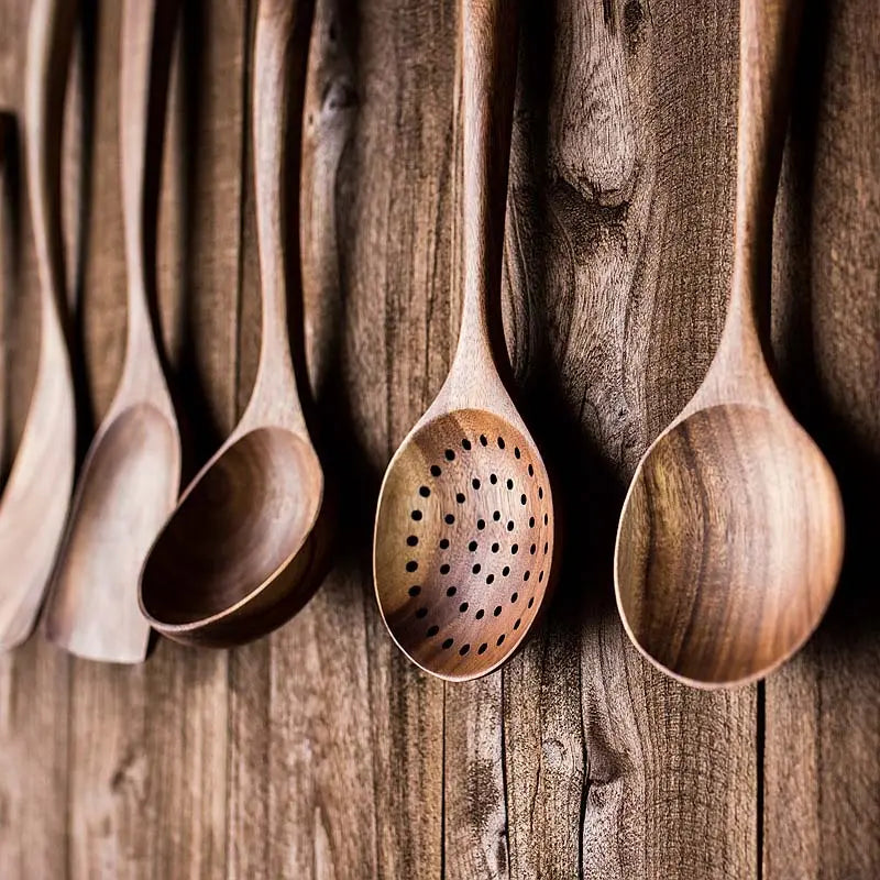Premium Rustic Hanging Lightweight Wooden Kitchen Utensil Set - 1 Box (5 Pieces) Eco-Friendly Sturdy Cookware with Ergonomic Handles, Holes, Spoon, Scoop, Skimmer, Turner, Plastic Oil Scoop, Pasta/Soups & Pan Compatibility, Rack Fit for Home, Party Gifts