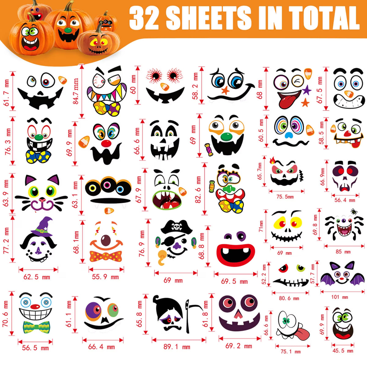64 Packs Halloween Stickers Pumpkin Decorating Stickers for Children , 32 Sheet Small Pumpkin Face Stickers for Halloween Party Supplies Trick or Treat Party Favors
