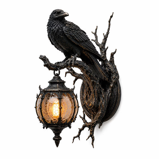 3D Retro Crow Branch Wall Lamp Gothic Style Branch Raven Wall Lamp Soft Light Glass Lantern Unique Classic Halloween Decoration, Suitable for Corridors, Front Porch and Interior Decoration