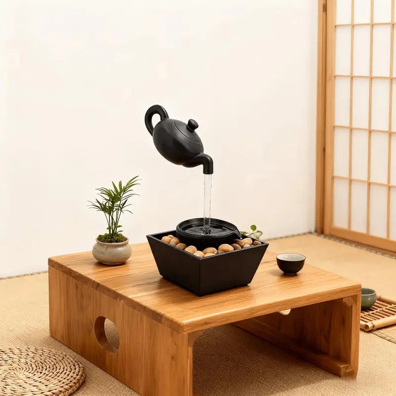 Zen-Inspired Floating Teapot Resin Lamp - Black Statue, Pebble Base, LED Light, Automatic Flow, Visual Illusion, Home Decor for Meditation Gifting (Sports & Outdoor Accent Piece)