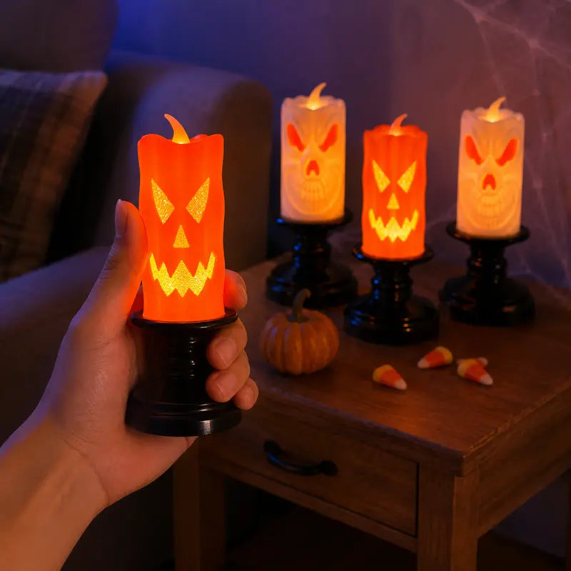 UMEUC 4-Pack Spooky Halloween Plastic LED Light Ornaments Set with Glossy Pedestal Holders - 2 Irregular Skulls, 2 Irregular Pumpkins, 5.1In Mini Desktop Indoor Decor for Home Mantelpieces, Parties