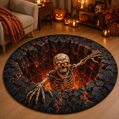 3D Skeleton Halloween round Rug, Lava Pit Skull Optical Illusion Area Rug, Fiery Orange Black Floor Decor for Living Room Bedroom and Halloween Party