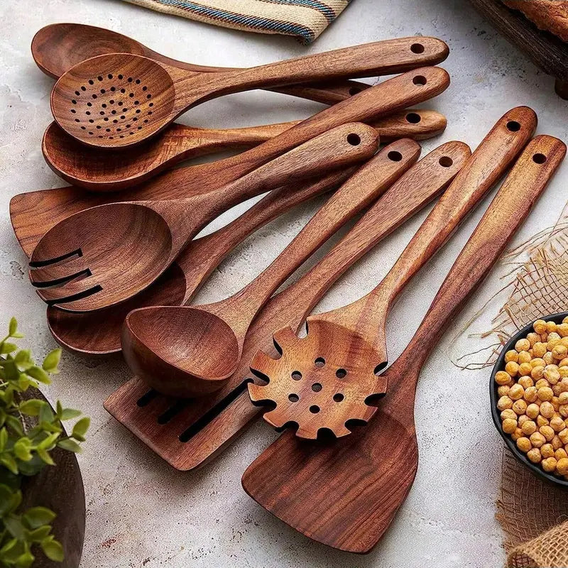 5Pcs Solid Wood Cooking Utensils Set - Sturdy, Heat-Resistant, Lightweight Wooden Spoons with Slotted Spoon, Storage Box, Brown Kitchen Use Essentials for Baking