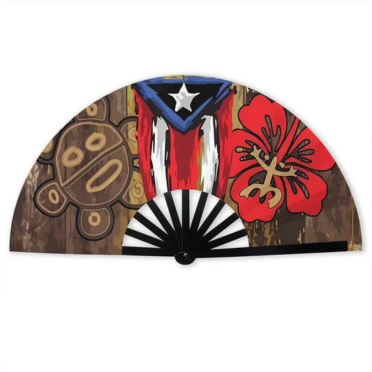 Unisex 13-Inch Foldable Plastic Handheld Fan with Handle, Puerto Rican Flag Design - Durable, Waterproof, Sweat-Resistant, Portable Fashion Accessory for Party, Music Festivals