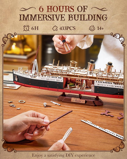 3D Wooden Puzzles for Adults-Titanic Model Kit with LED Lights- DIY Ship Building Kit for Home Desk Decor- Brain Teaser Gifts for Puzzle Lovers & Maritime Collectors
