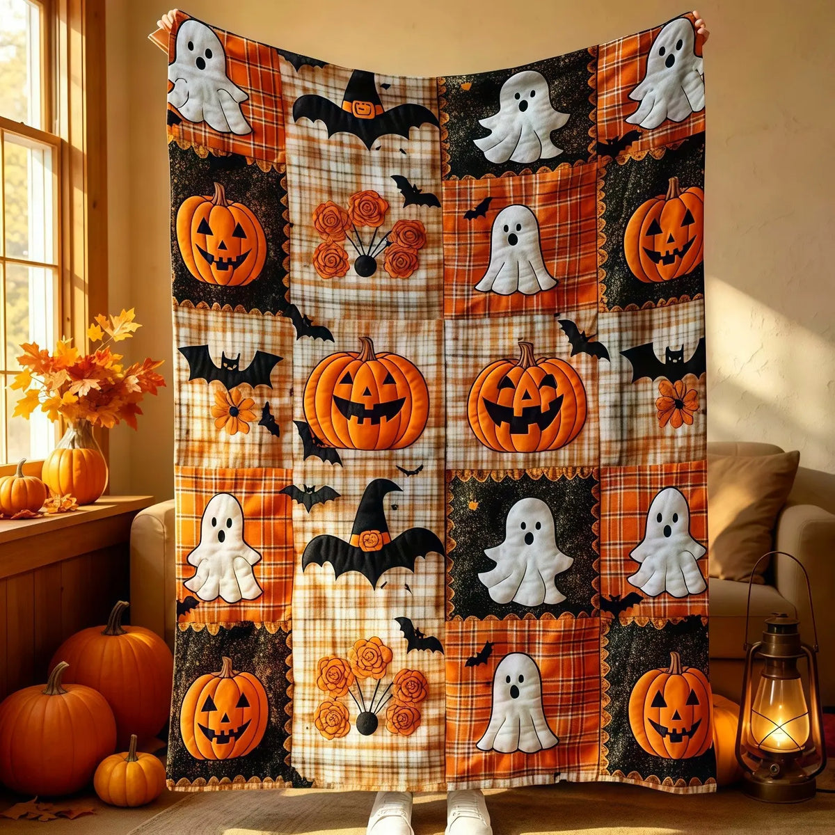Halloween Gift Flannel Blanket, Soft Throw Blanket with Cute Pumpkin, Ghost and Bat Prints, Warm Decorative Blanket for Home Sofas for Festivals, Soft Sofa Blanket for Home Use in Autumn and Winter, Blankets for Sofa