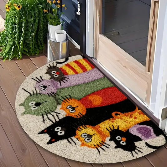 Half-Round Humorous Cartoon Cat Doormat Rug, Colorful Non-Slip Durable Rug for Entrance Hall, Garden and Kitchen, Ideal Gift for Cat Lovers