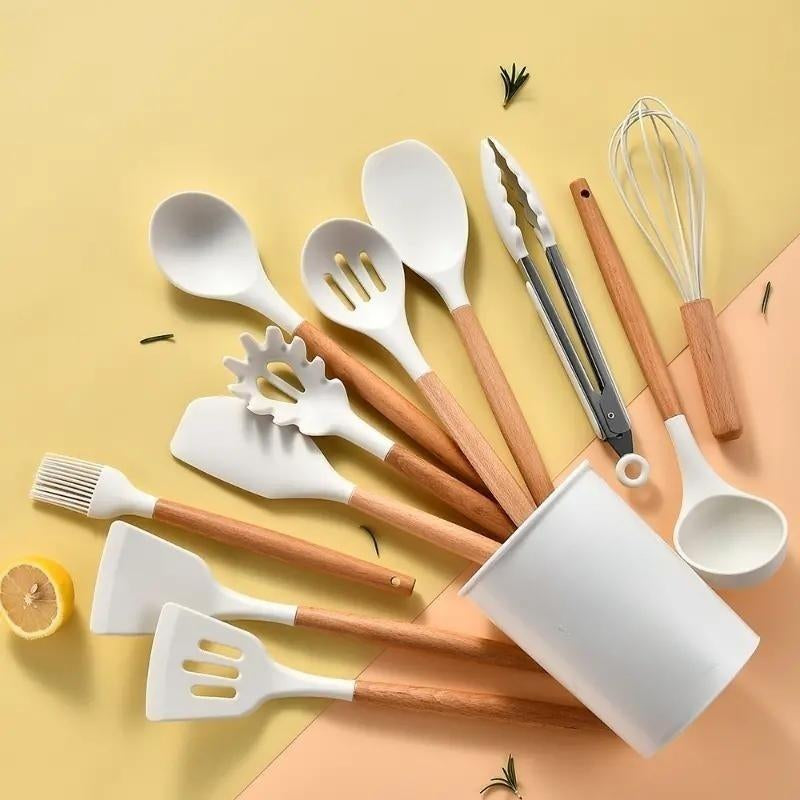 Silicone Kitchen Utensil Set with Storage Bin, 12Pcs/Set Kitchen Cooking Utensils Set, Summer for Gift, Kitchen Tool