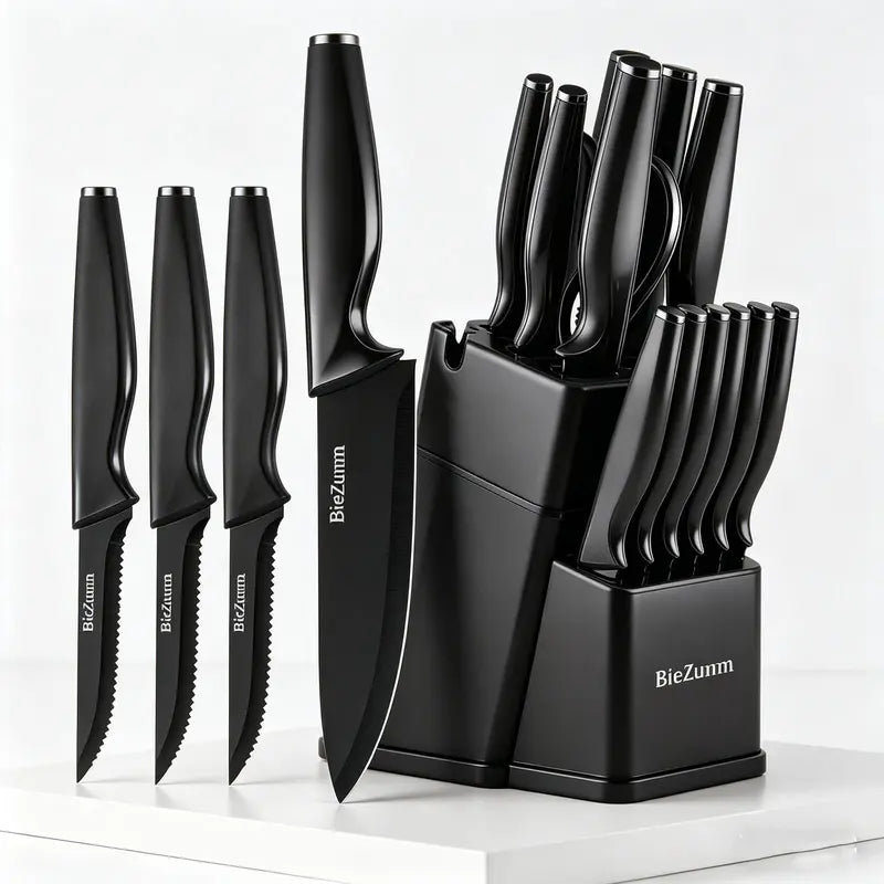 Black Kitchen Knife Block Set - 15-Piece/3-Piece Options, Stainless Steel Sharp Non-Stick Chef’S Knives, Ergonomic Handle, Durable Kitchen Accessories, Integrated Set Covers Everyday Prep, Includes Cutting Boards