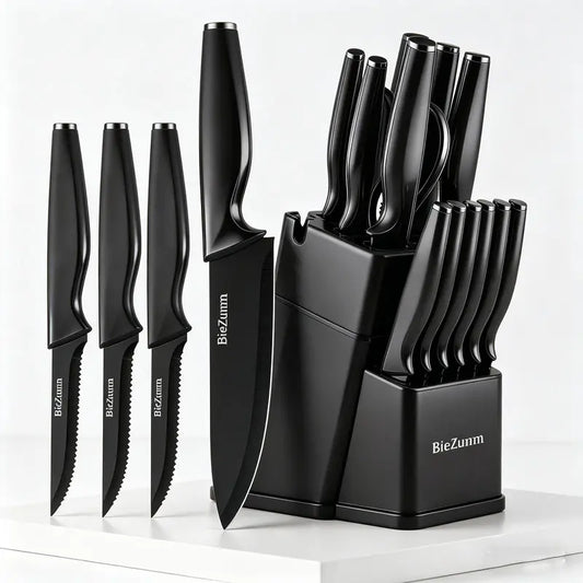 Black Kitchen Knife Block Set - 15-Piece/3-Piece Options, Stainless Steel Sharp Non-Stick Chef’S Knives, Ergonomic Handle, Durable Kitchen Accessories, Integrated Set Covers Everyday Prep, Includes Cutting Boards