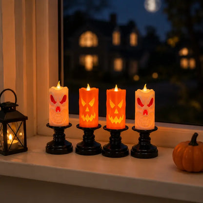 UMEUC 4-Pack Spooky Halloween Plastic LED Light Ornaments Set with Glossy Pedestal Holders - 2 Irregular Skulls, 2 Irregular Pumpkins, 5.1In Mini Desktop Indoor Decor for Home Mantelpieces, Parties