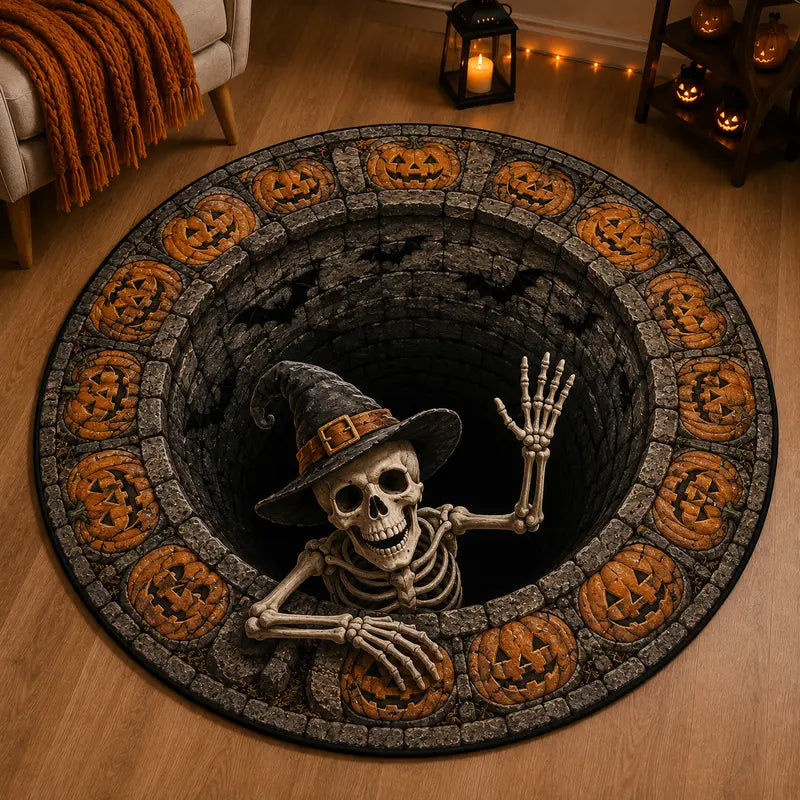 3D Skeleton Halloween round Rug, Lava Pit Skull Optical Illusion Area Rug, Fiery Orange Black Floor Decor for Living Room Bedroom and Halloween Party