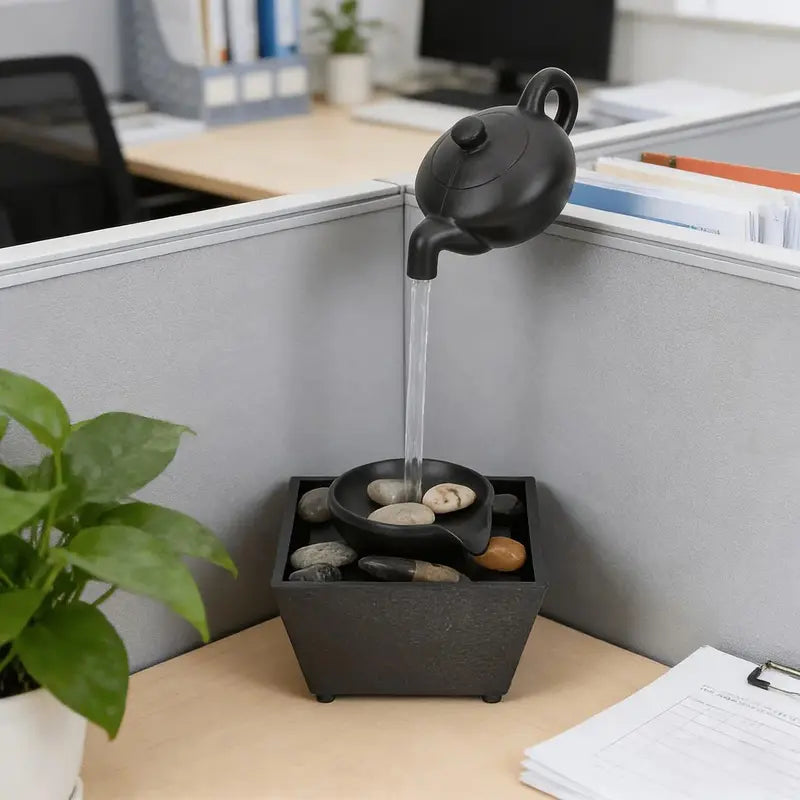 Zen-Inspired Floating Teapot Resin Lamp - Black Statue, Pebble Base, LED Light, Automatic Flow, Visual Illusion, Home Decor for Meditation Gifting (Sports & Outdoor Accent Piece)