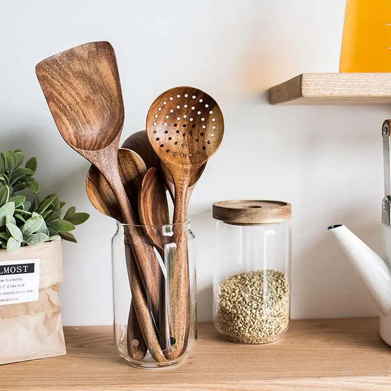 Premium Rustic Hanging Lightweight Wooden Kitchen Utensil Set - 1 Box (5 Pieces) Eco-Friendly Sturdy Cookware with Ergonomic Handles, Holes, Spoon, Scoop, Skimmer, Turner, Plastic Oil Scoop, Pasta/Soups & Pan Compatibility, Rack Fit for Home, Party Gifts