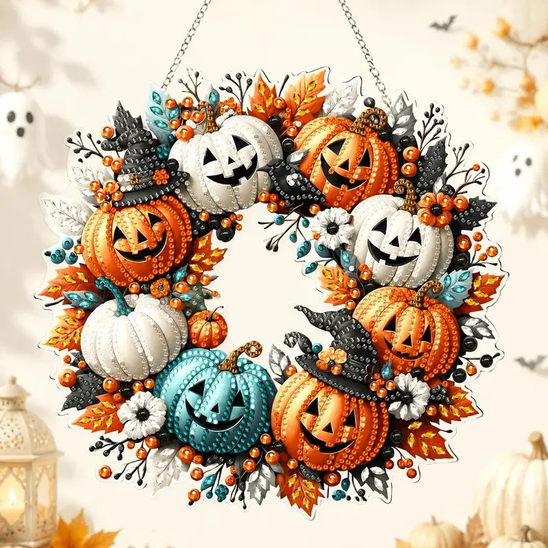 9.8In Shiny Acrylic Safe Diamond Art Hanging Suncatcher Kit - Witch, Black Cat, Ghost Reading, Pumpkin Designs - DIY Rhinestone Ornament, Wall, Outdoor Indoor Decorative, Cute Halloween Stuff, Ghost Decor Gift for Kids