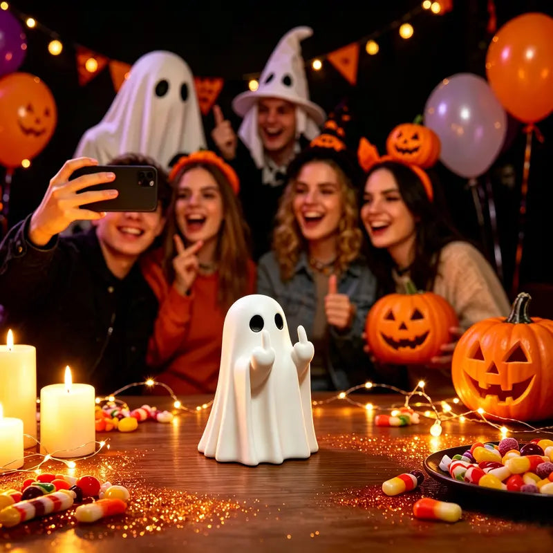 Halloween Ghost Figurine - Spooky Cute Resin Middle Finger Ghost Statue, Perfect for Porch & Indoor Halloween Decor， Anime-Style
