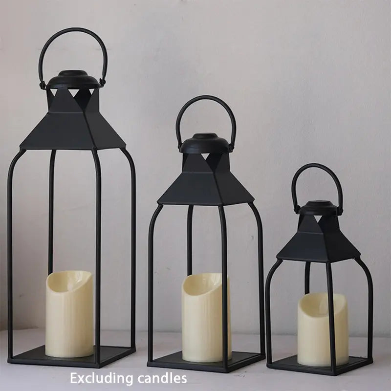 Decorative Metal Lanterns Indoor Outdoor, Set of 3 Farmhouse Lantern Holders without Candles for Porch, Patio, Fireplace, Floor, Wedding & Holiday Table Centerpiece