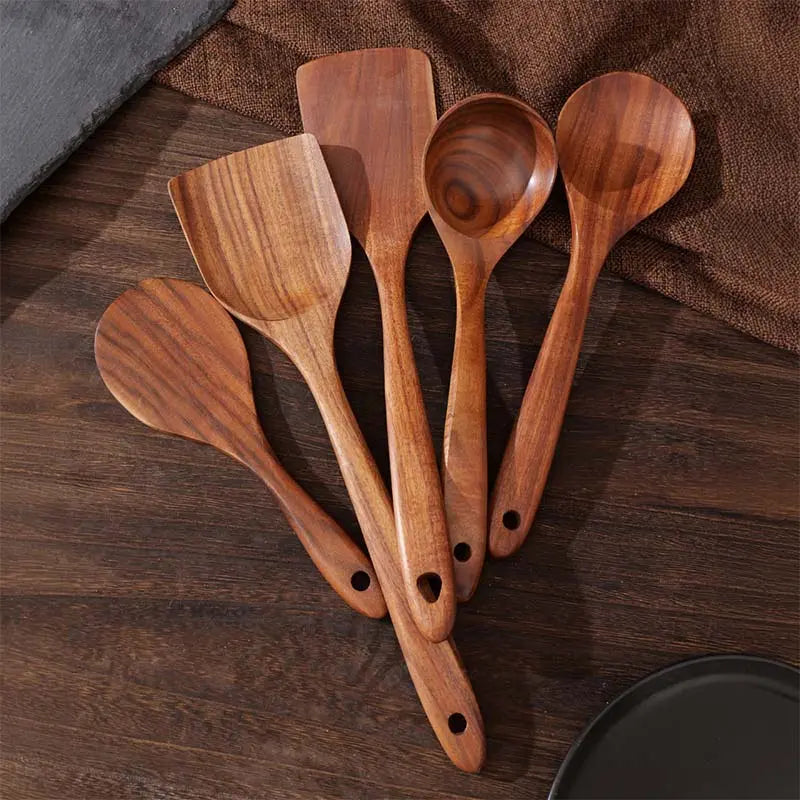 Premium Rustic Hanging Lightweight Wooden Kitchen Utensil Set - 1 Box (5 Pieces) Eco-Friendly Sturdy Cookware with Ergonomic Handles, Holes, Spoon, Scoop, Skimmer, Turner, Plastic Oil Scoop, Pasta/Soups & Pan Compatibility, Rack Fit for Home, Party Gifts