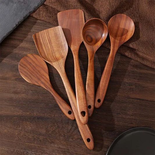 Premium Rustic Hanging Lightweight Wooden Kitchen Utensil Set - 1 Box (5 Pieces) Eco-Friendly Sturdy Cookware with Ergonomic Handles, Holes, Spoon, Scoop, Skimmer, Turner, Plastic Oil Scoop, Pasta/Soups & Pan Compatibility, Rack Fit for Home, Party Gifts