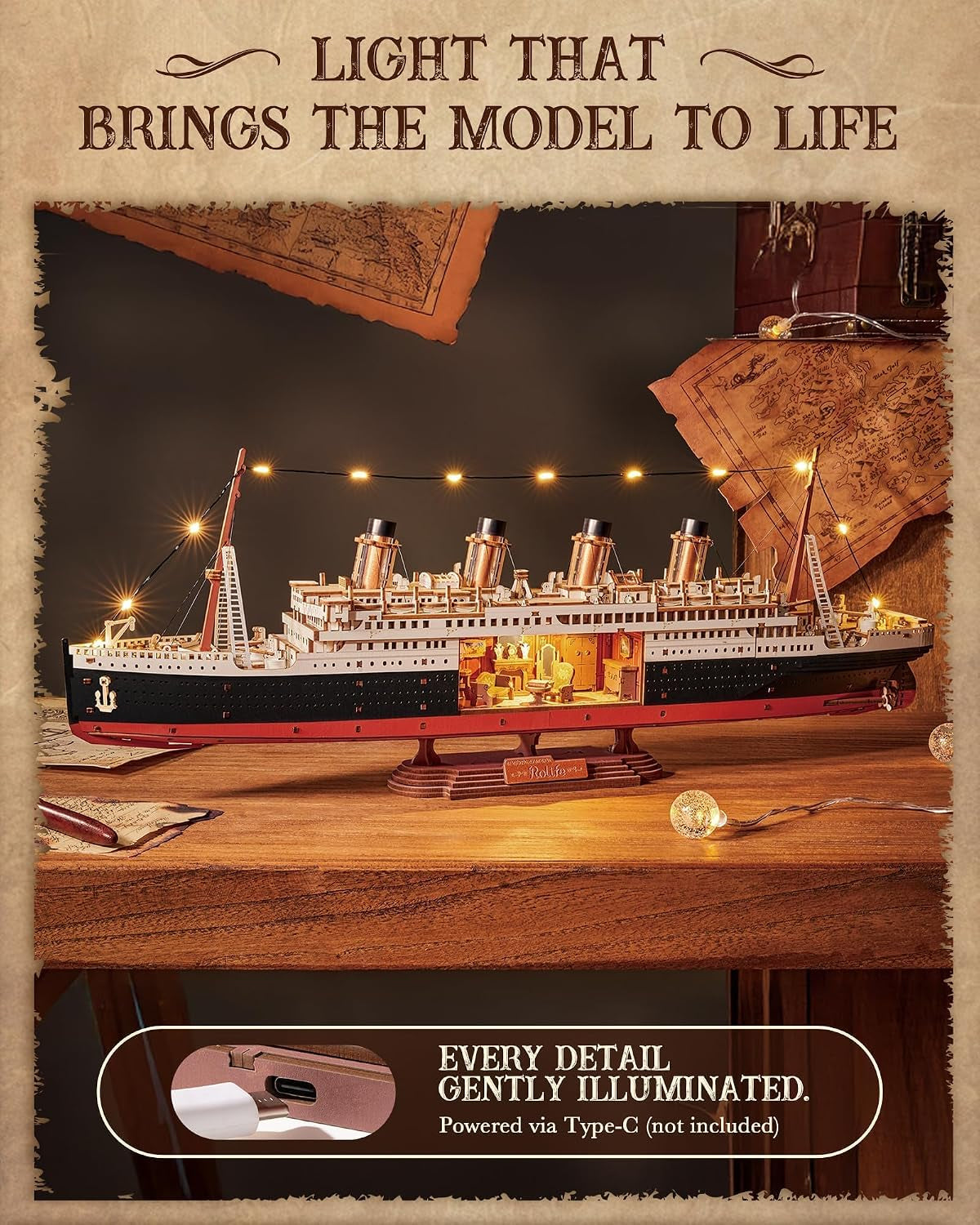3D Wooden Puzzles for Adults-Titanic Model Kit with LED Lights- DIY Ship Building Kit for Home Desk Decor- Brain Teaser Gifts for Puzzle Lovers & Maritime Collectors