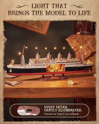 3D Wooden Puzzles for Adults-Titanic Model Kit with LED Lights- DIY Ship Building Kit for Home Desk Decor- Brain Teaser Gifts for Puzzle Lovers & Maritime Collectors