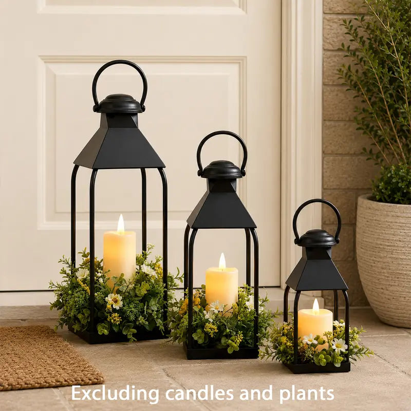 Decorative Metal Lanterns Indoor Outdoor, Set of 3 Farmhouse Lantern Holders without Candles for Porch, Patio, Fireplace, Floor, Wedding & Holiday Table Centerpiece