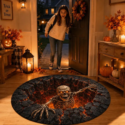 3D Skeleton Halloween round Rug, Lava Pit Skull Optical Illusion Area Rug, Fiery Orange Black Floor Decor for Living Room Bedroom and Halloween Party