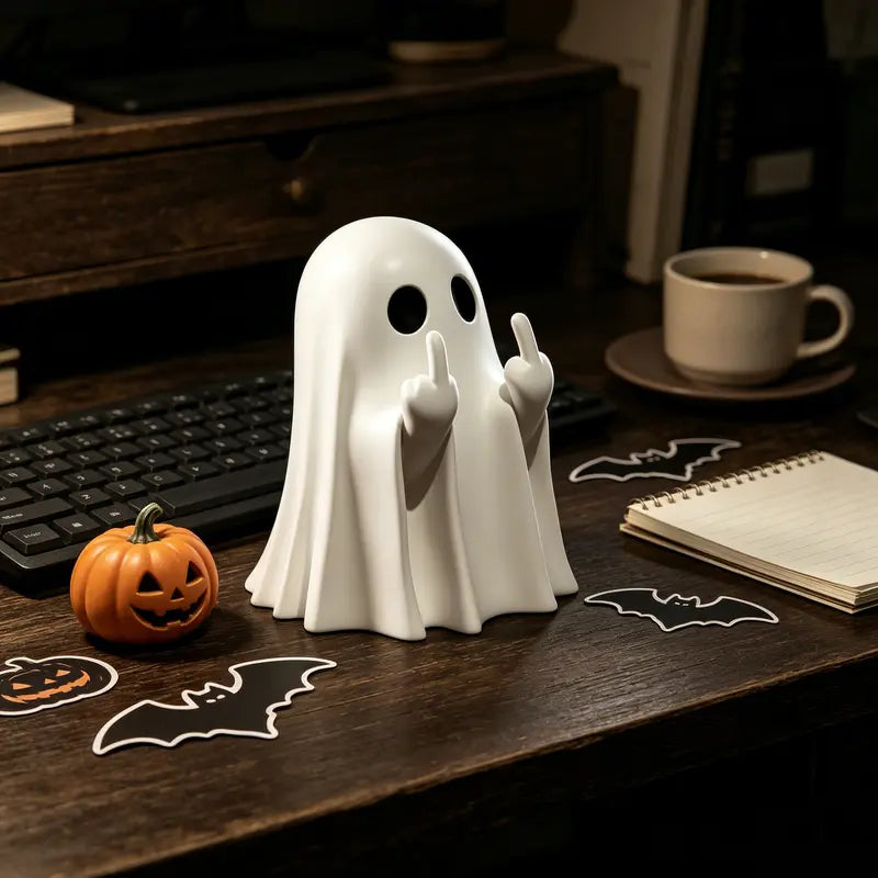 Halloween Ghost Figurine - Spooky Cute Resin Middle Finger Ghost Statue, Perfect for Porch & Indoor Halloween Decor， Anime-Style