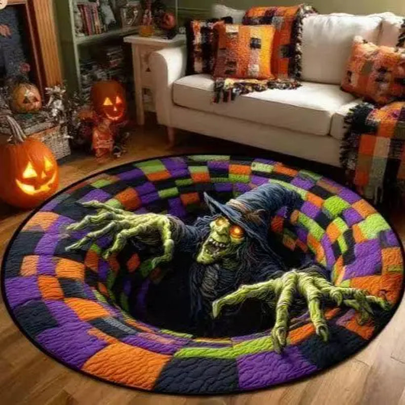 31.5In Oversized 3D Optical Illusion Halloween round Rug - Spooky Skeleton Mummy Octopus Non-Slip Floor Mat, Halloween Home Decor for Living Room, 22 Styles Available