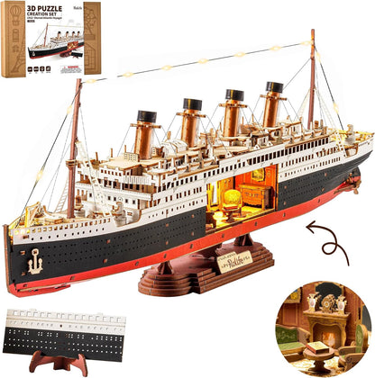 3D Wooden Puzzles for Adults-Titanic Model Kit with LED Lights- DIY Ship Building Kit for Home Desk Decor- Brain Teaser Gifts for Puzzle Lovers & Maritime Collectors