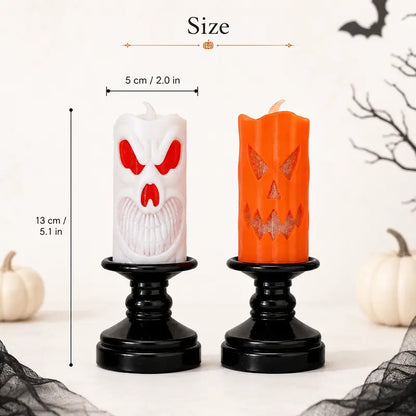 UMEUC 4-Pack Spooky Halloween Plastic LED Light Ornaments Set with Glossy Pedestal Holders - 2 Irregular Skulls, 2 Irregular Pumpkins, 5.1In Mini Desktop Indoor Decor for Home Mantelpieces, Parties