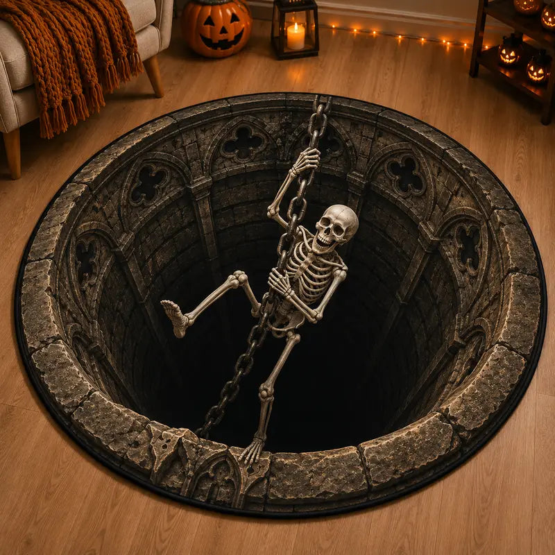 3D Skeleton Halloween round Rug, Lava Pit Skull Optical Illusion Area Rug, Fiery Orange Black Floor Decor for Living Room Bedroom and Halloween Party
