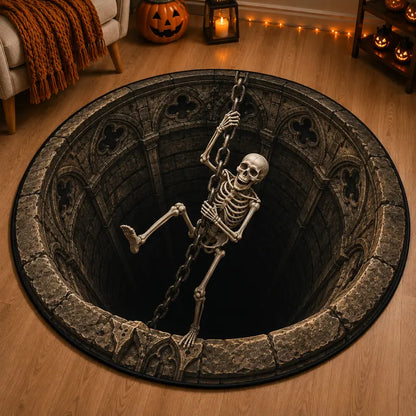 3D Skeleton Halloween round Rug, Lava Pit Skull Optical Illusion Area Rug, Fiery Orange Black Floor Decor for Living Room Bedroom and Halloween Party
