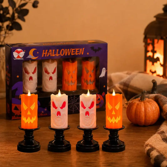 UMEUC 4-Pack Spooky Halloween Plastic LED Light Ornaments Set with Glossy Pedestal Holders - 2 Irregular Skulls, 2 Irregular Pumpkins, 5.1In Mini Desktop Indoor Decor for Home Mantelpieces, Parties