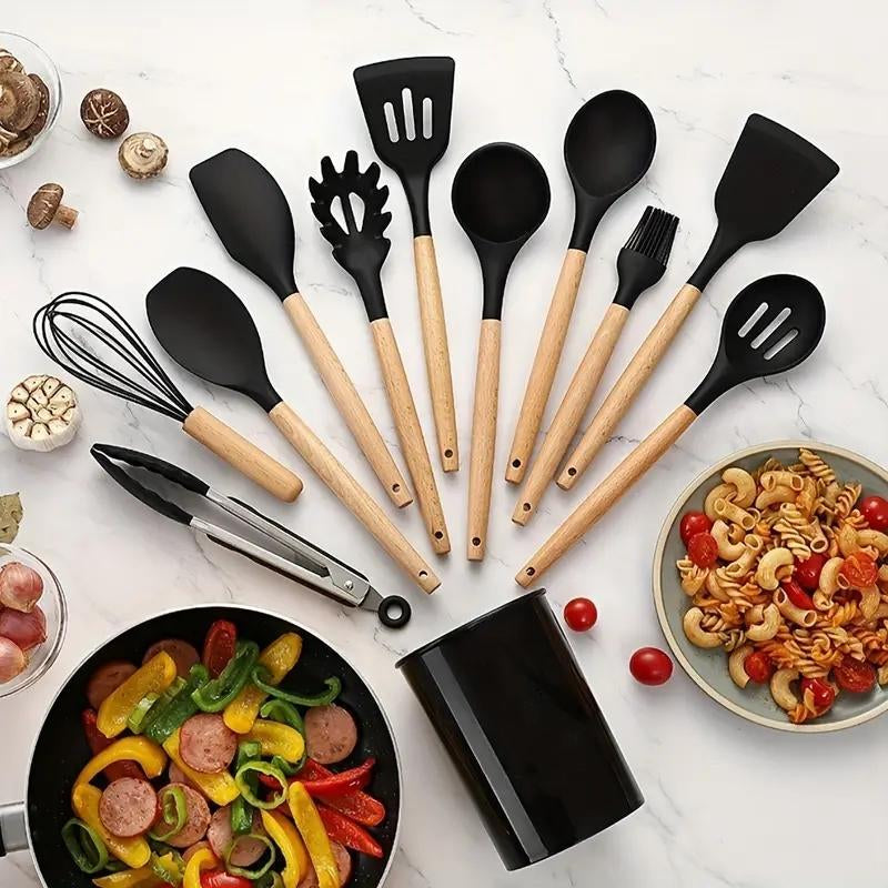 Silicone Kitchen Utensil Set with Storage Bin, 12Pcs/Set Kitchen Cooking Utensils Set, Summer for Gift, Kitchen Tool