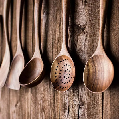 Premium Rustic Hanging Lightweight Wooden Kitchen Utensil Set - 1 Box (5 Pieces) Eco-Friendly Sturdy Cookware with Ergonomic Handles, Holes, Spoon, Scoop, Skimmer, Turner, Plastic Oil Scoop, Pasta/Soups & Pan Compatibility, Rack Fit for Home, Party Gifts