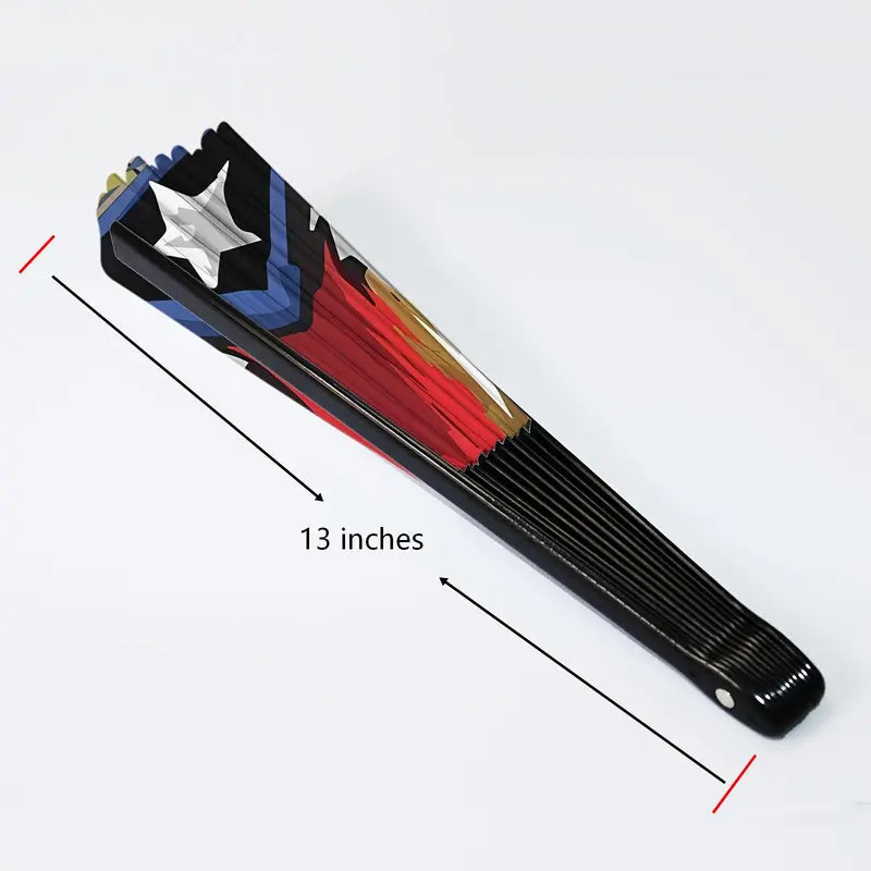 Unisex 13-Inch Foldable Plastic Handheld Fan with Handle, Puerto Rican Flag Design - Durable, Waterproof, Sweat-Resistant, Portable Fashion Accessory for Party, Music Festivals