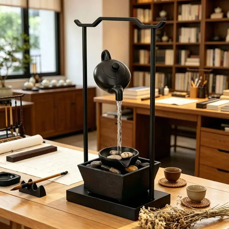 Zen-Inspired Floating Teapot Resin Lamp - Black Statue, Pebble Base, LED Light, Automatic Flow, Visual Illusion, Home Decor for Meditation Gifting (Sports & Outdoor Accent Piece)