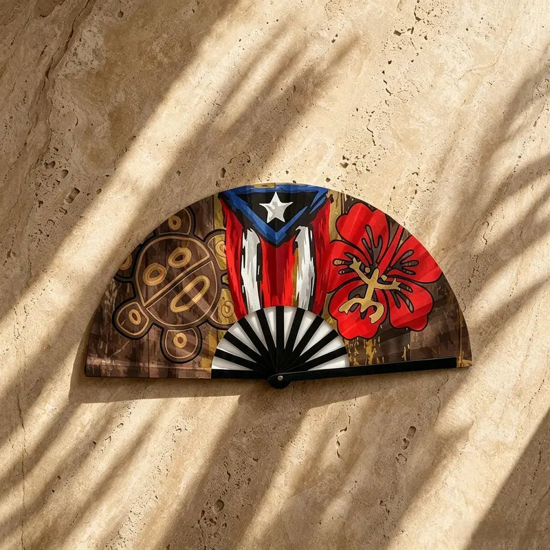 Unisex 13-Inch Foldable Plastic Handheld Fan with Handle, Puerto Rican Flag Design - Durable, Waterproof, Sweat-Resistant, Portable Fashion Accessory for Party, Music Festivals