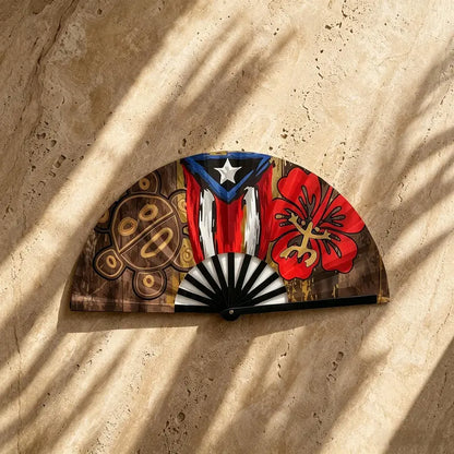 Unisex 13-Inch Foldable Plastic Handheld Fan with Handle, Puerto Rican Flag Design - Durable, Waterproof, Sweat-Resistant, Portable Fashion Accessory for Party, Music Festivals
