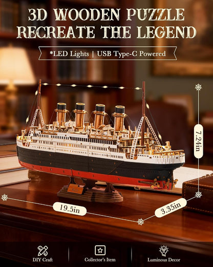 3D Wooden Puzzles for Adults-Titanic Model Kit with LED Lights- DIY Ship Building Kit for Home Desk Decor- Brain Teaser Gifts for Puzzle Lovers & Maritime Collectors