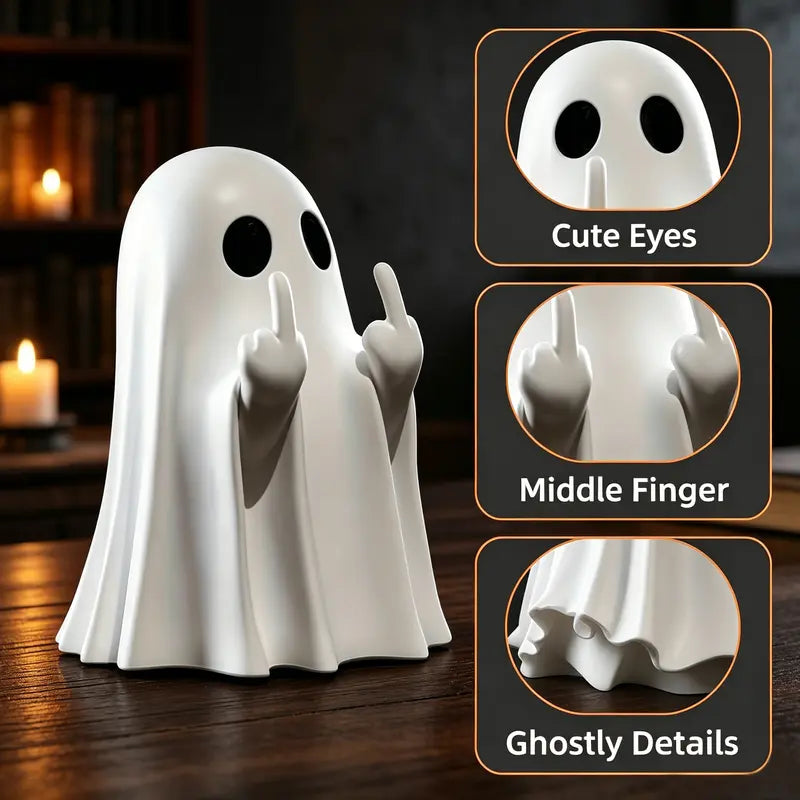 Halloween Ghost Figurine - Spooky Cute Resin Middle Finger Ghost Statue, Perfect for Porch & Indoor Halloween Decor， Anime-Style
