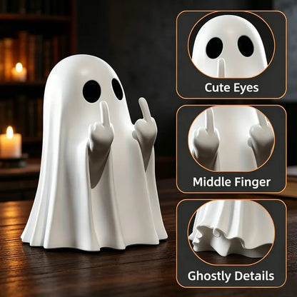 Halloween Ghost Figurine - Spooky Cute Resin Middle Finger Ghost Statue, Perfect for Porch & Indoor Halloween Decor， Anime-Style