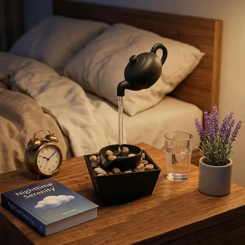 Zen-Inspired Floating Teapot Resin Lamp - Black Statue, Pebble Base, LED Light, Automatic Flow, Visual Illusion, Home Decor for Meditation Gifting (Sports & Outdoor Accent Piece)
